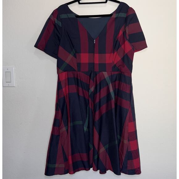 ModCloth Dress Plus Size 18 Navy Blue Burgundy Plaid Short Sleeve LIned Preppy - Picture 8 of 14
